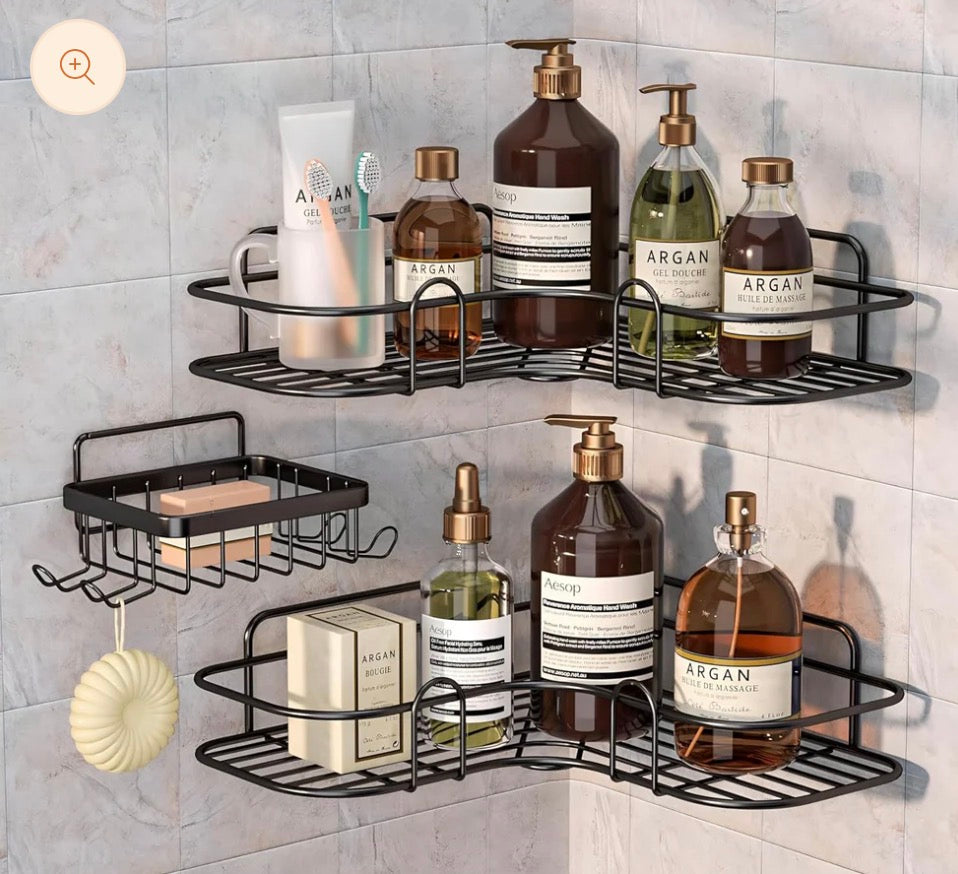 3-in-1 Stainless Steel Corner Bathroom Shelf (Black, No-Drill)